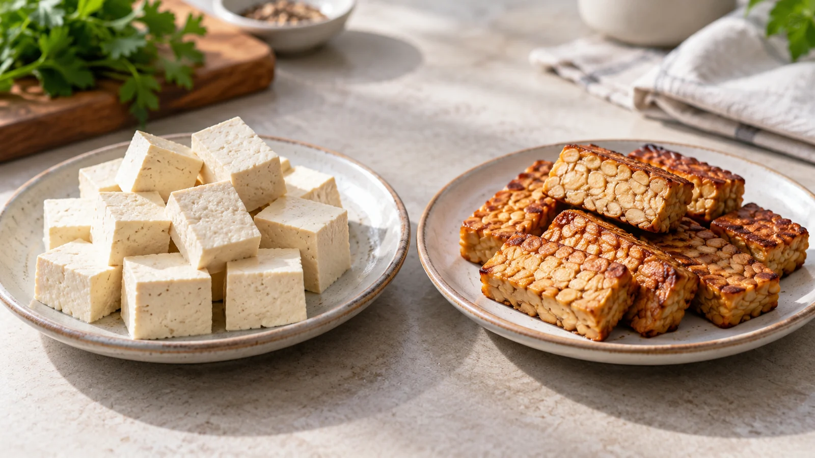Plates of ivory tofu cubes and browned tempeh slices showing whole soybean texture.