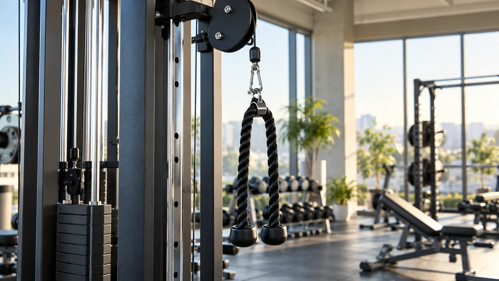 Two-ended rope attachment hanging from a cable machine high pulley.