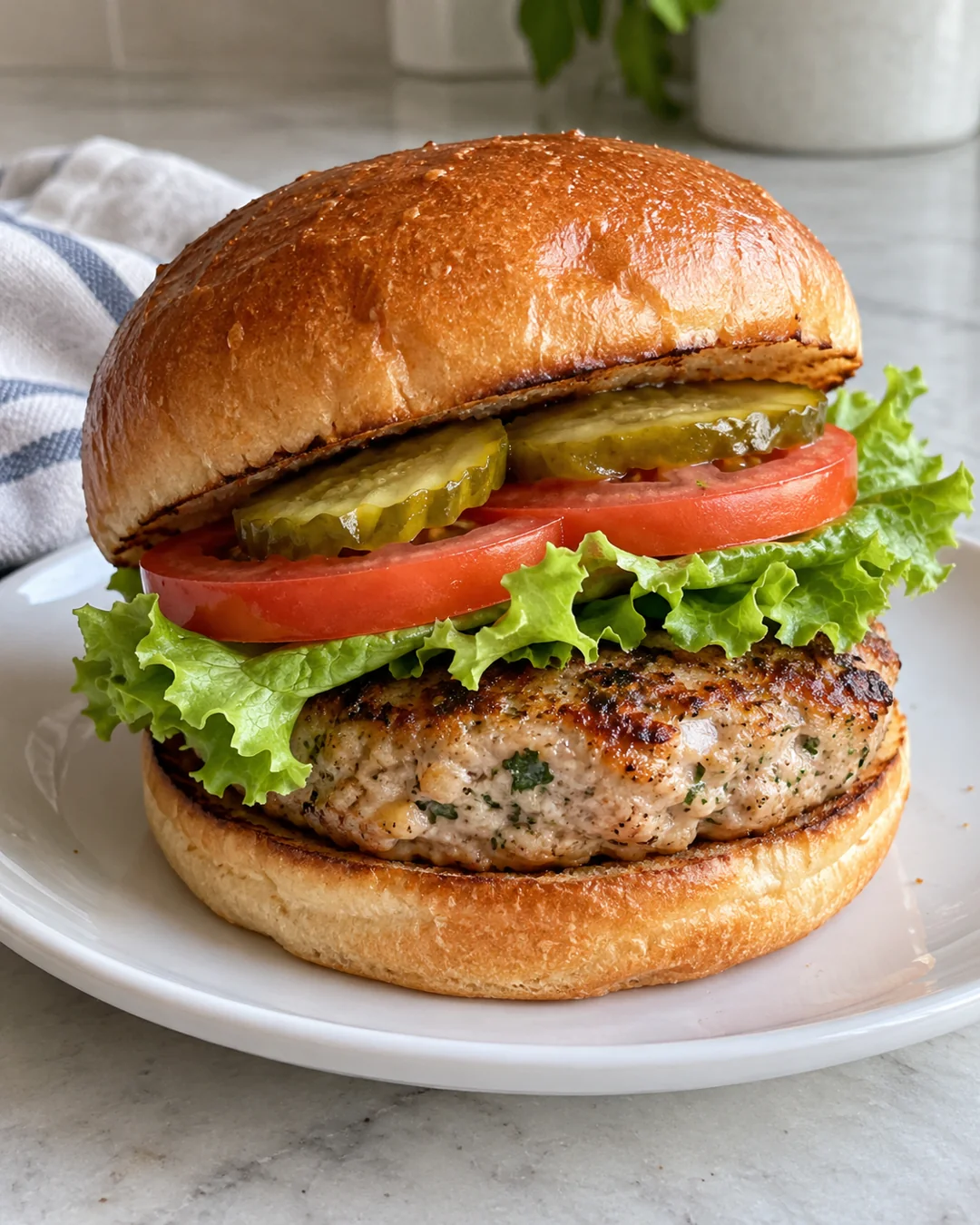 Homemade turkey burger with lettuce, tomato and pickle in a toasted bun.