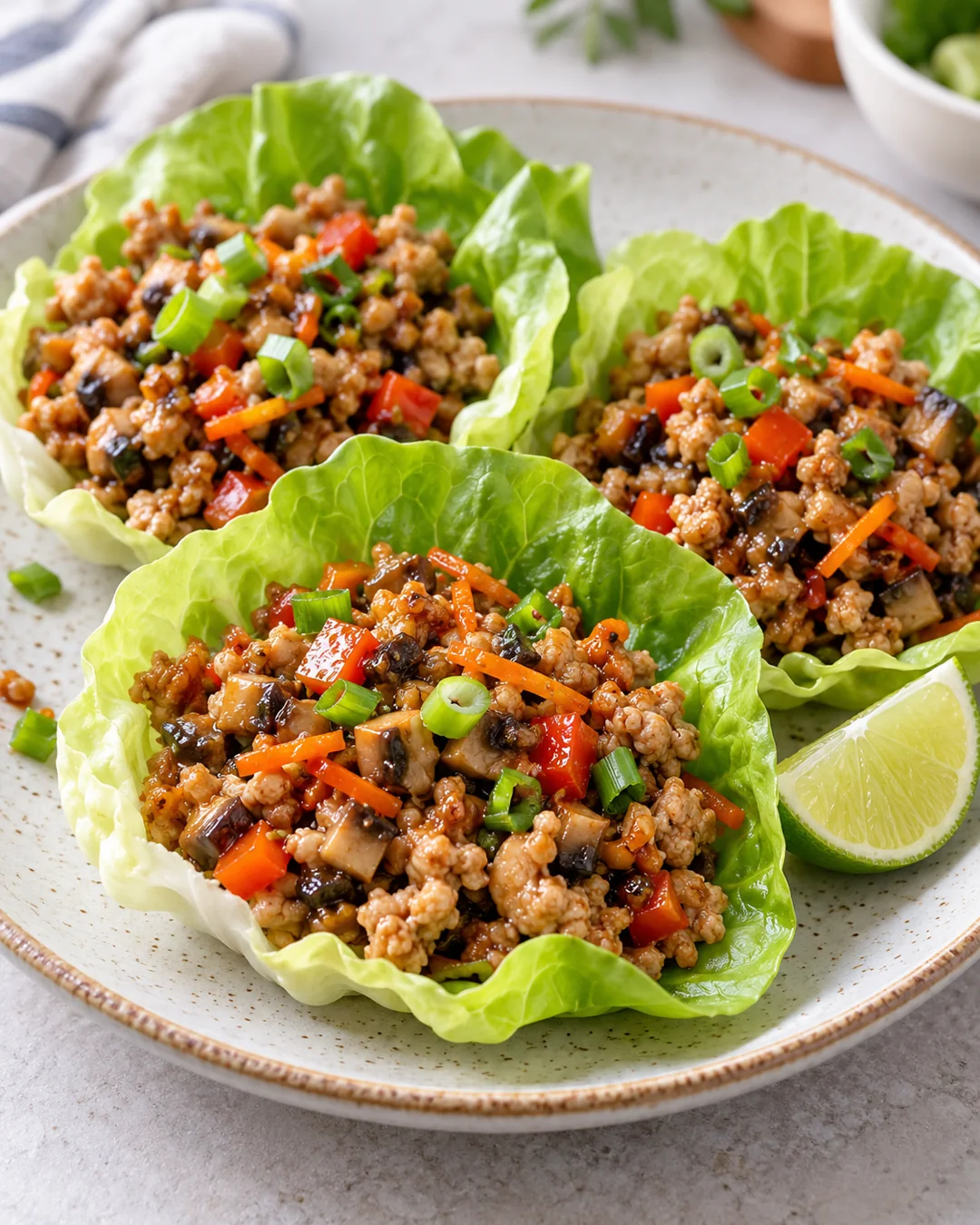 Butter-lettuce cups filled with cooked ground turkey, mushrooms, carrot, red pepper and scallions.