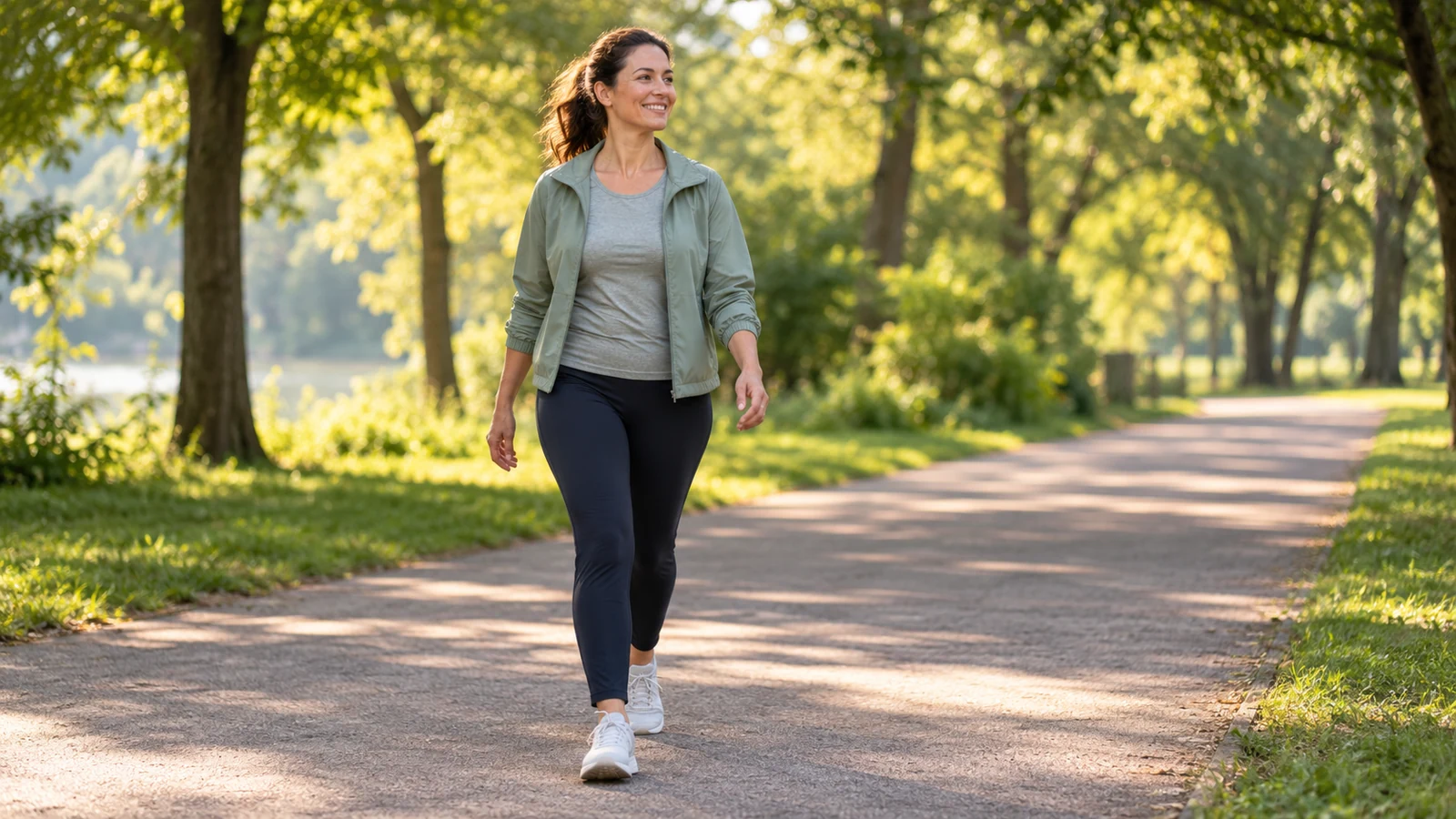 Adult walking along a peaceful tree-lined park path.