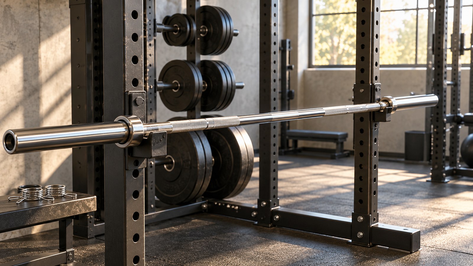 Unloaded barbell resting securely on a gym rack with weight plates stored behind it