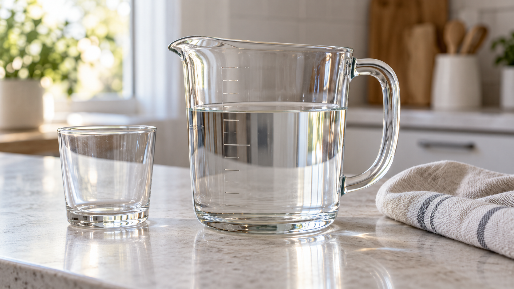 A clear measuring jug partly filled with water beside an empty drinking glass.