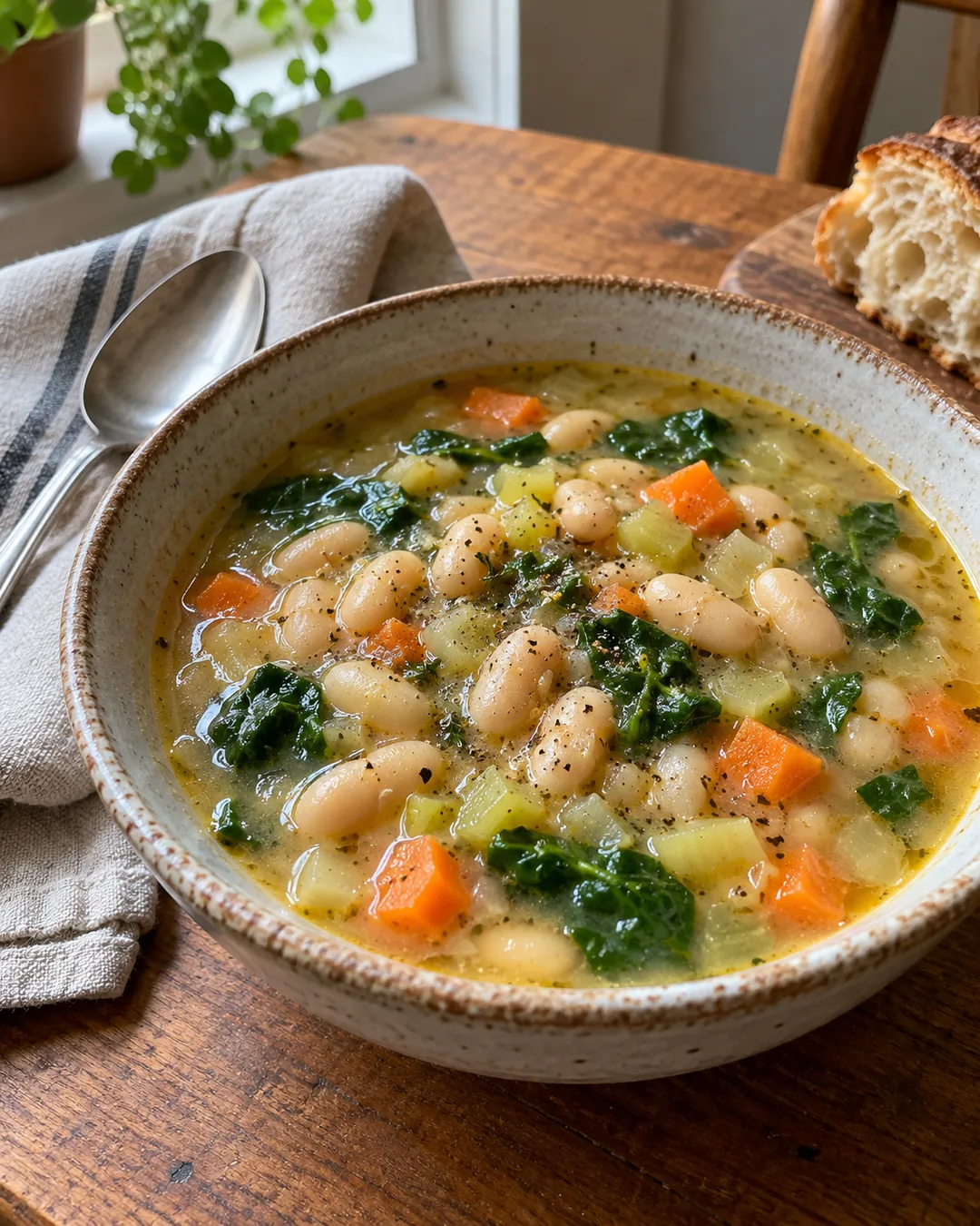 White bean soup with whole beans, carrot, celery and spinach in a creamy pale broth.