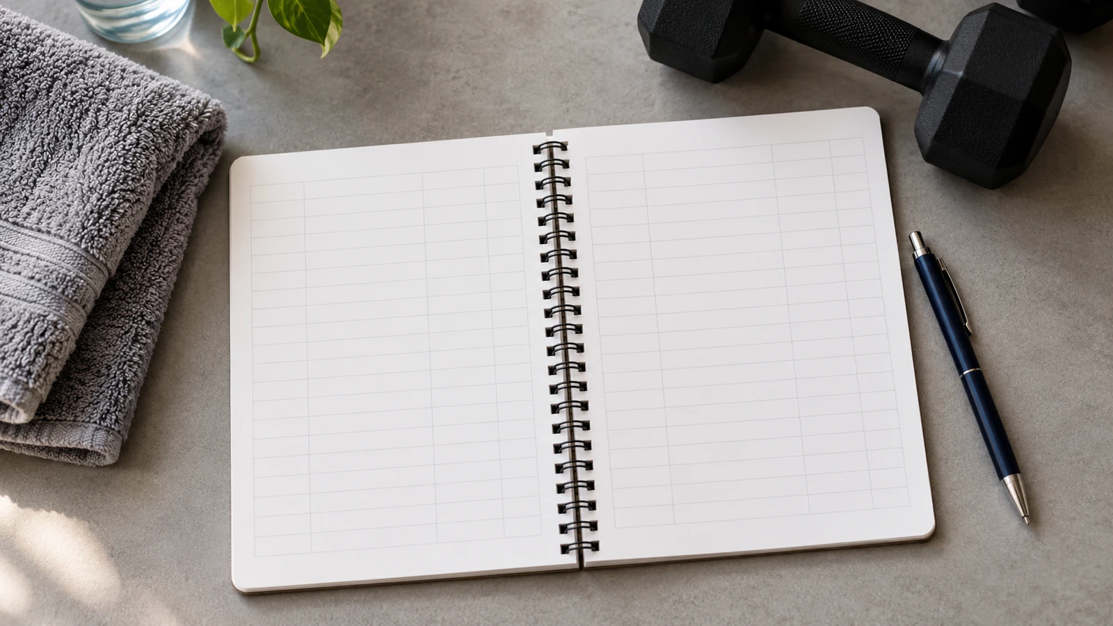 Open blank workout notebook with grid lines, a pen, dumbbells and a folded gym towel.