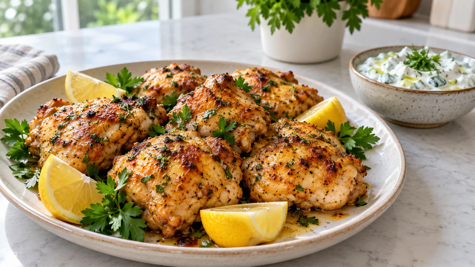 Roasted boneless chicken thighs with a golden paprika-yogurt coating, lemon and parsley, served beside a separate bowl of cucumber yogurt sauce.