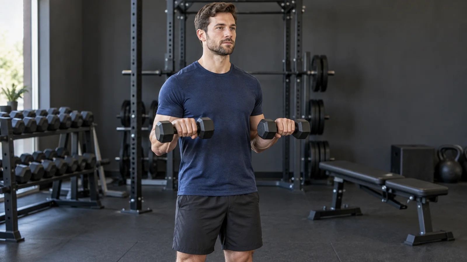 Adult standing with two dumbbells and palms facing down during the lowering phase of a Zottman curl.